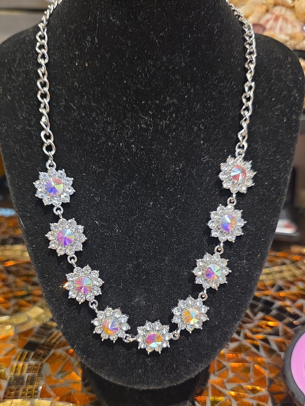 Source Unknown Silver Floral Necklace with Iridescent Centers